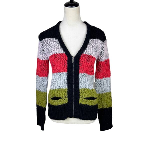 A.L.C. Alpaca Wool Blend Multi Color Stripe Boucle Knit Zipper Cardigan Sweater - Picture 1 of 16